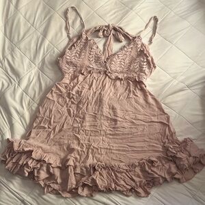 Blush Pink Crochet Lace Ruffle Backless Dress